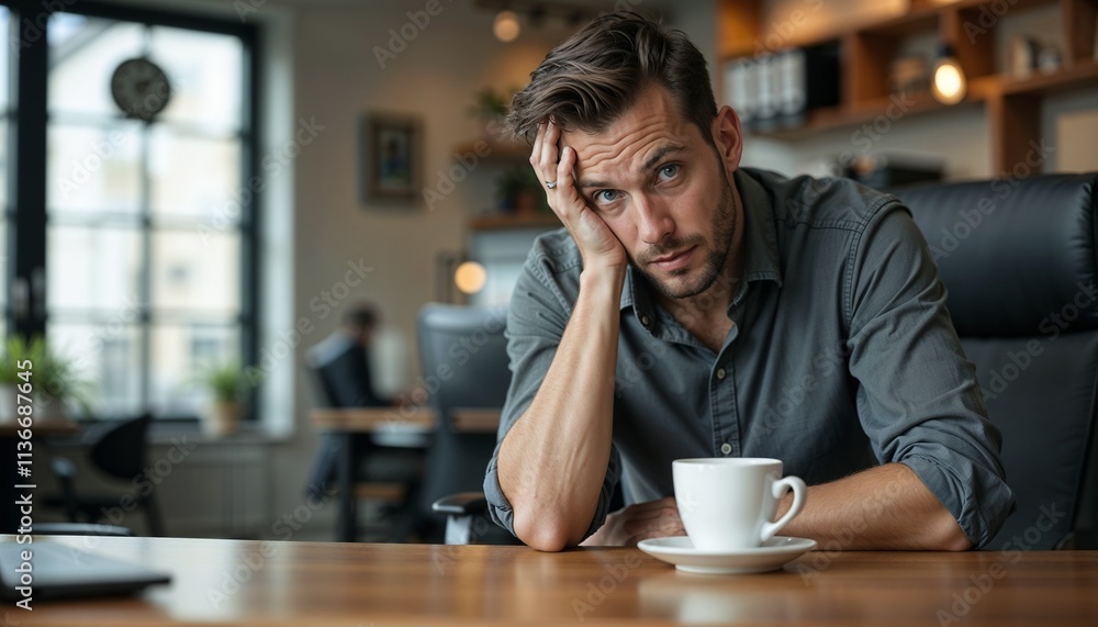 Young man in stressed mood sitting at desk with coffee cup in modern office environment Young man in stressed mood sitting at desk with coffee cup in modern office environment