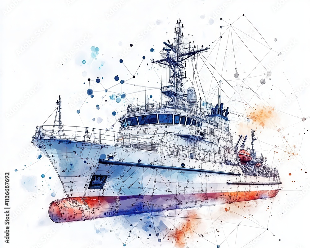 A vibrant watercolor illustration of a detailed ship on a white background.
