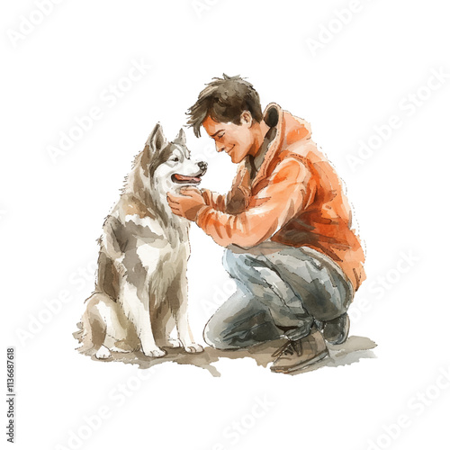 man petting a dog vector illustration in watercolor style