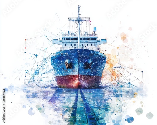 Obraz na płótnie A vibrant watercolor illustration of a large cargo ship on the ocean. w salonie