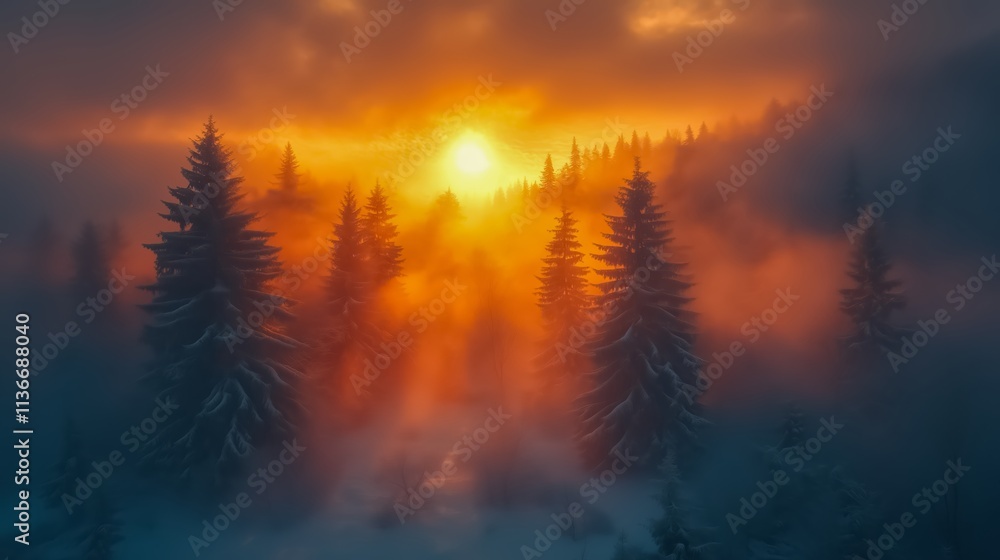 Forest with trees covered in fog and a sun shining through the trees. The sun is setting and the sky is orange Forest with trees covered in fog and a sun shining through the trees. The sun is setting and the sky is orange