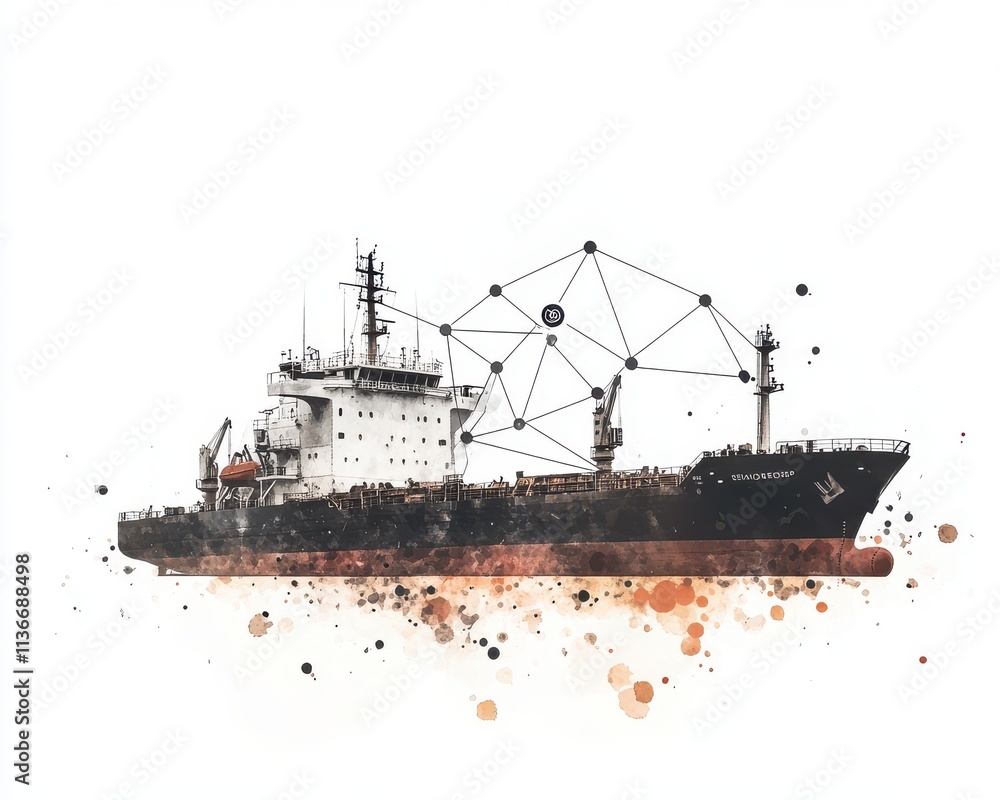 Abstract depiction of a cargo ship with connected nodes illustrating digital logistics.