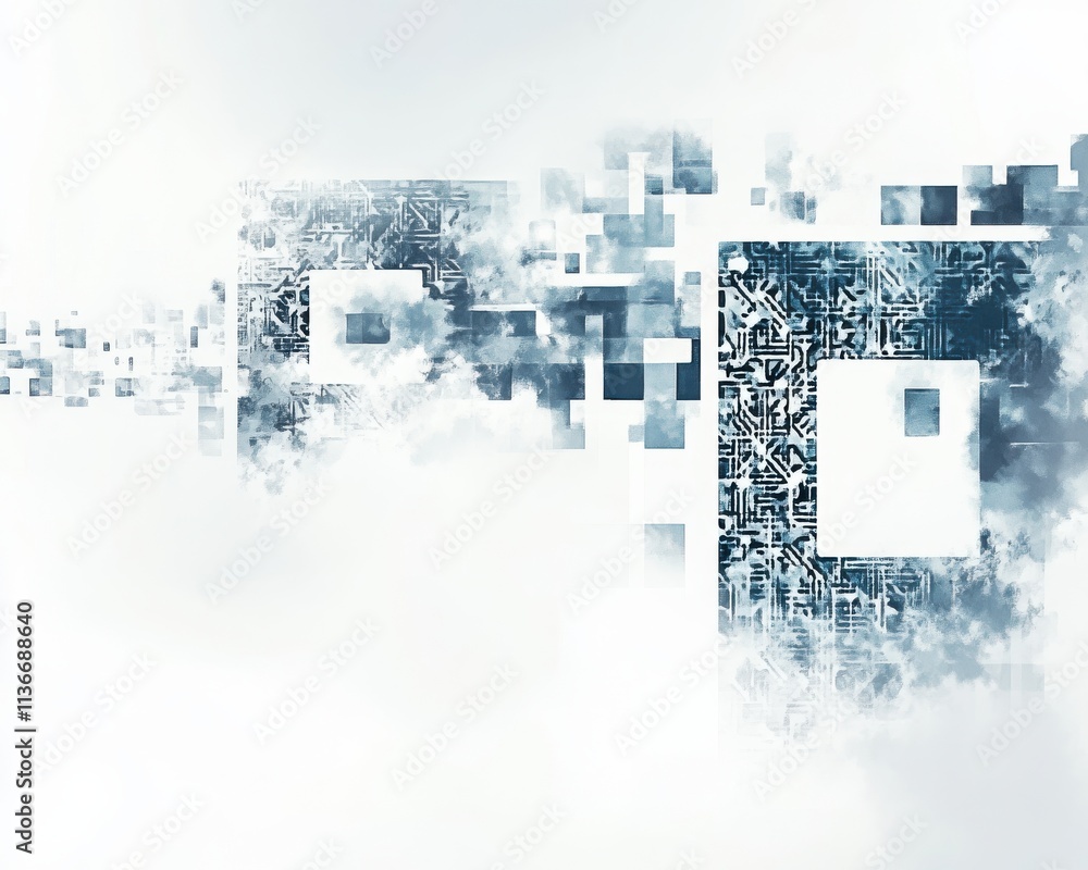 Abstract digital background with geometric shapes and a cloud-like atmosphere.