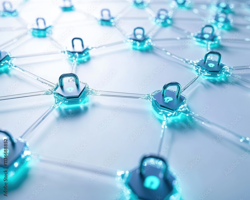 Abstract digital locks connecting nodes in a secure network visualization.