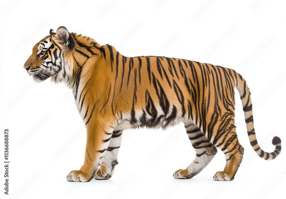 Naklejka premium A tiger's side view, standing in profile, isolated against a white background