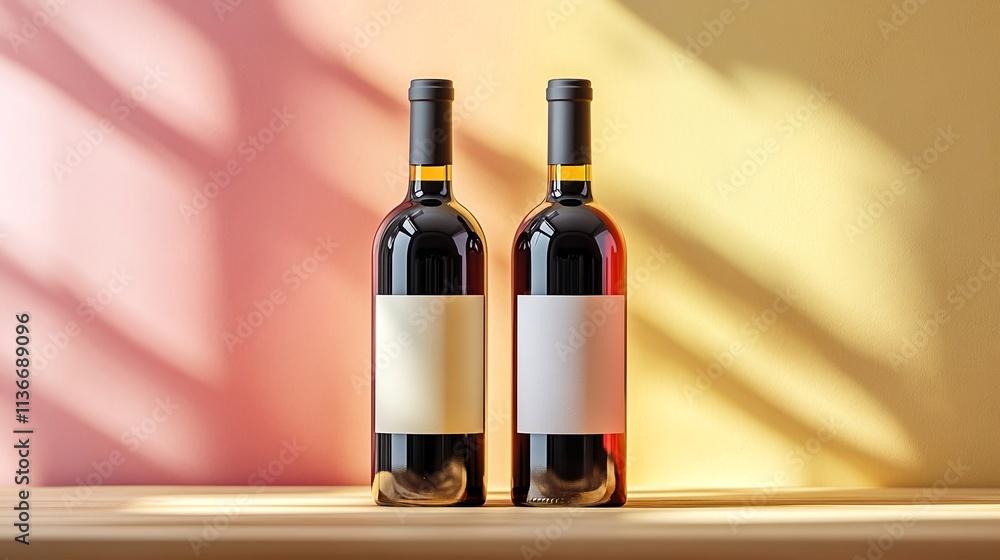 Two bottles of wine with blank labels on a wooden surface against a colorful background Two bottles of wine with blank labels on a wooden surface against a colorful background