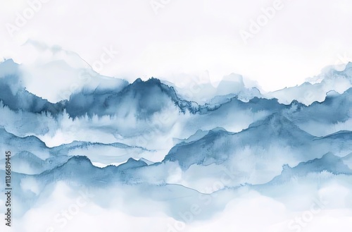 Watercolor mountains, soft blue tones. photo