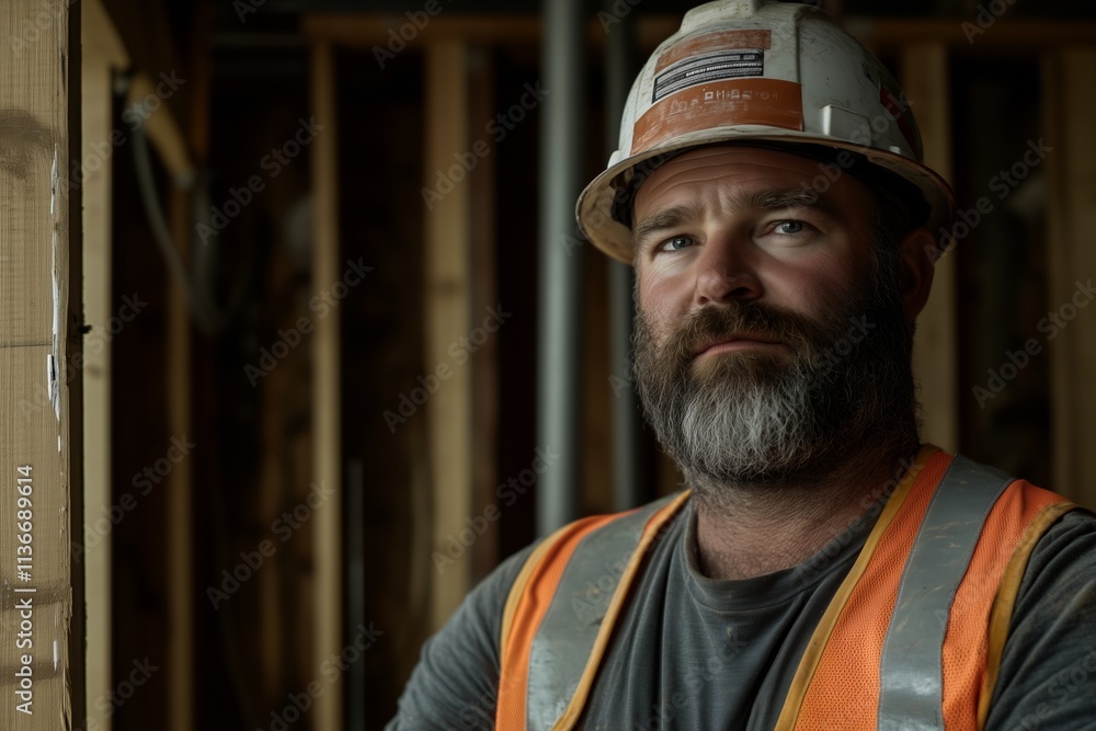 Man wearing a hard hat and safety vest stands in front of a wall. He looks serious and focused Man wearing a hard hat and safety vest stands in front of a wall. He looks serious and focused