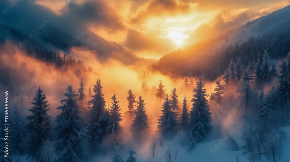 Obraz premium Misty mountain scene with a sun rising in the background. The sun is barely visible, but its light is shining through the fog. The trees are covered in snow, and the sky is a mix of blue and orange