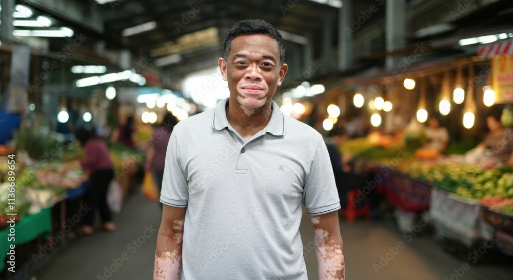 Portrait of a young asian male with vitiligo at a bustling market