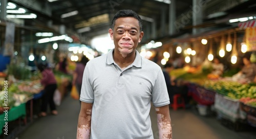 Obraz na płótnie Portrait of a young asian male with vitiligo at a bustling market w salonie