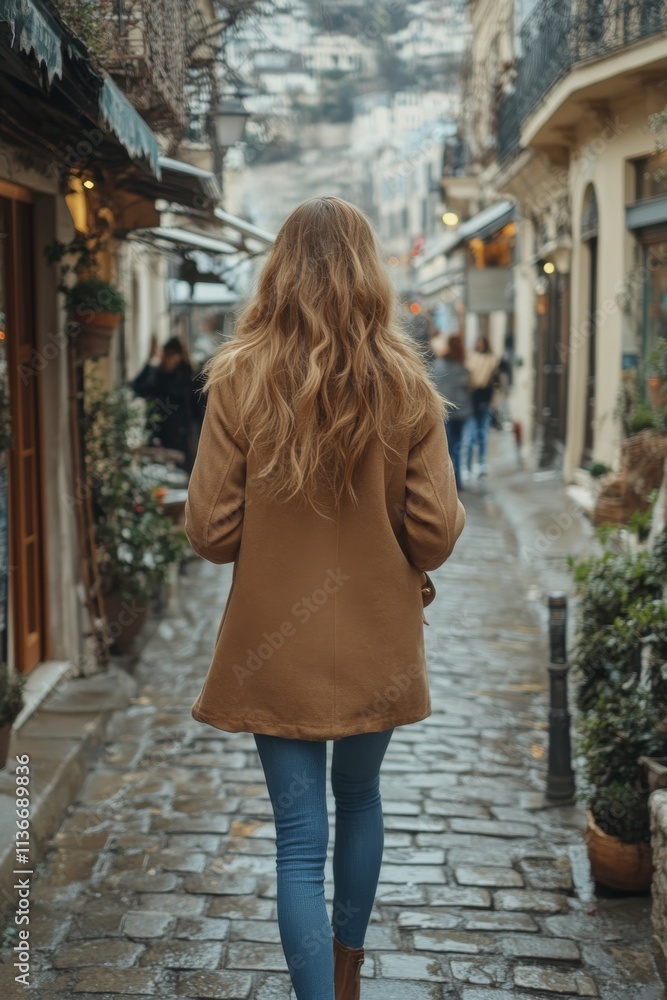 Young woman in urban setting with hat and warm attire during a sunny day Young woman in urban setting with hat and warm attire during a sunny day