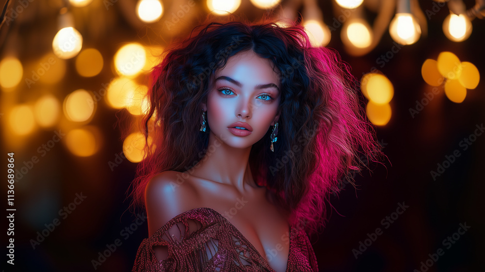 A portrait of a young woman with voluminous, wavy hair illuminated by soft, warm lighting. She should have striking blue eyes and wear an elegant, off-the-shoulder outfit. A portrait of a young woman with voluminous, wavy hair illuminated by soft, warm lighting. She should have striking blue eyes and wear an elegant, off-the-shoulder outfit.