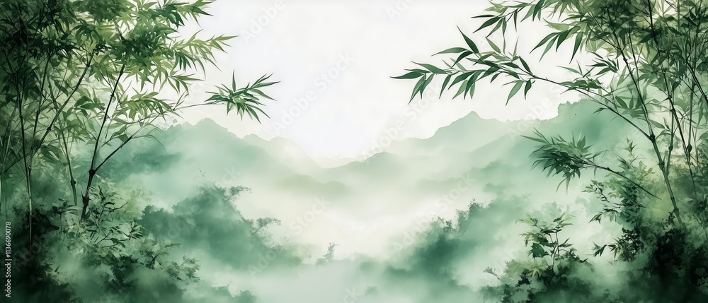 Obraz premium Painting of a forest with bamboo trees and mountains in the background. The mood of the painting is peaceful and serene