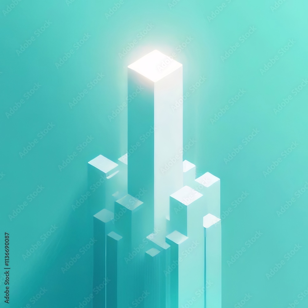 Glowing cube rising above others, teal background. Glowing cube rising above others, teal background.
