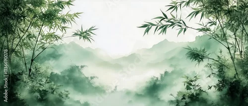 Obraz  z motywem Painting of a forest with bamboo trees and mountains in the background. The mood of the painting is peaceful and serene
