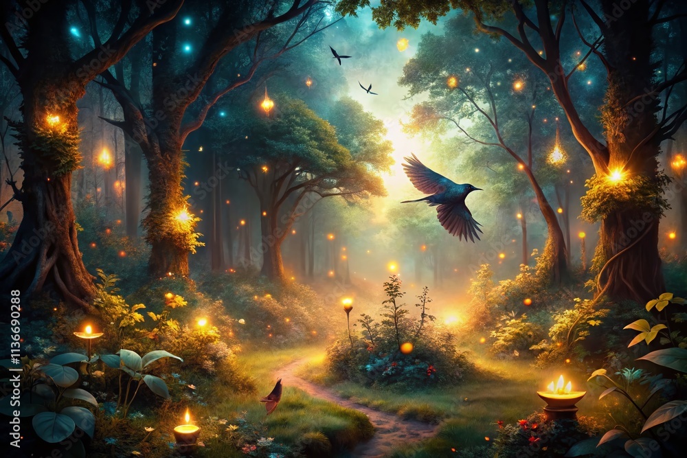 Fototapeta premium Vintage Firefly Night Forest: Magical Glow, Mysterious Woods, Dark Fantasy Art, AI Generated Image