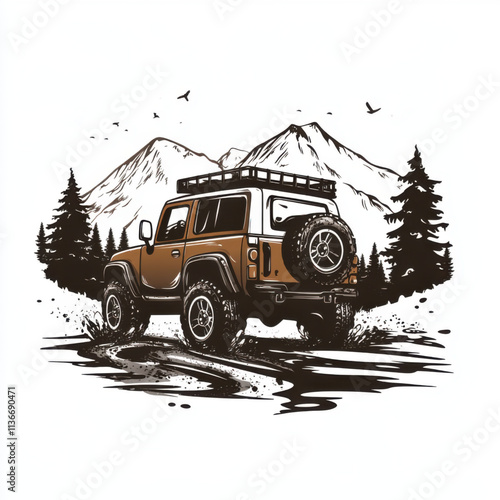 Off road car rides off-road in the highlands. Modern illustration. White background. Expedition travel concept.