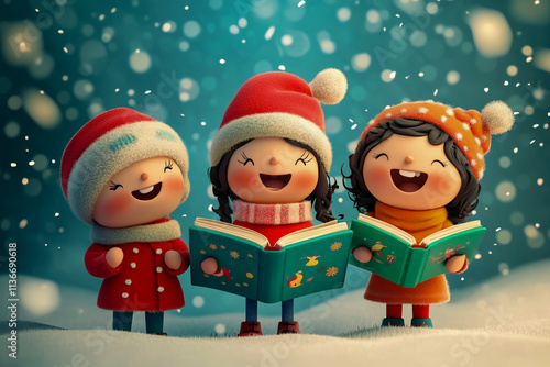 Three little characters in winter clothes sing carols and read Christmas stories, in a colorful 3D cartoon style, with a snowy background and festive decorations.