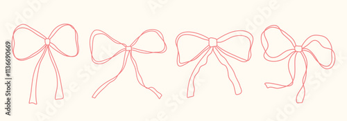 Cute pink hand drawn bow set with ribbons. Minimalist bowknot for wedding, birthday, christmas cards, poster, tattoo, gift, frames. Vintage coquette bows. Doodle Sketch elements. Isolated vector illus