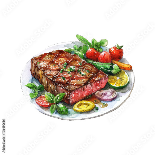 steak with vegetables vector illustration in watercolor style