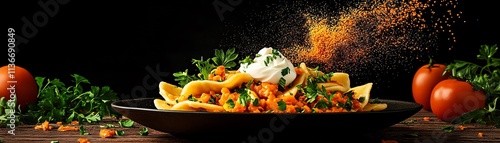 Polish pierogi with sour cream on a rustic plate, Krakow s old town square bustling in the backdrop photo