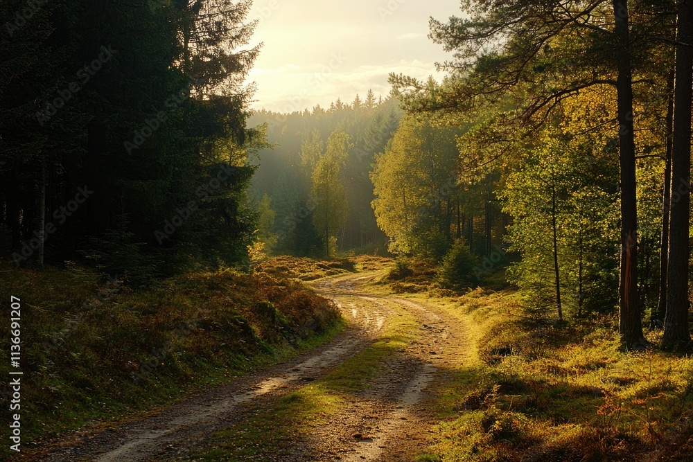 Fototapeta premium Sunlit Forest Path Autumnal Scenery