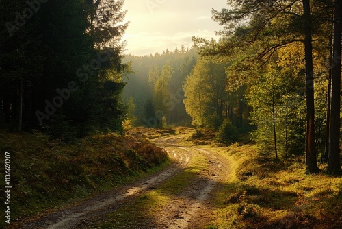 Sunlit Forest Path Autumnal Scenery photo