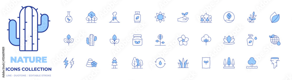 Nature icons collection. Line Duotone style, editable stroke. cactus, forest, gas, herbal, sunflower, eco friendly, natural product, plant, volcano, natural Nature icons collection. Line Duotone style, editable stroke. cactus, forest, gas, herbal, sunflower, eco friendly, natural product, plant, volcano, natural