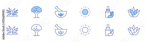 Nature icon set in two styles, Duotone and Thin Line style. Editable stroke. sun, grass, tree, argan oil, remedy, aloe vera