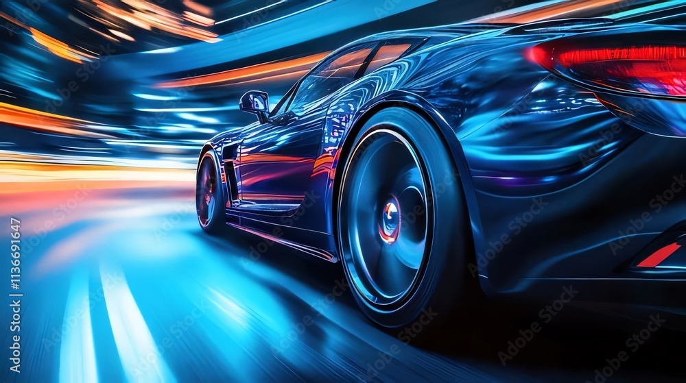 Blue car speeding through light trail blur effect. Blue car speeding through light trail blur effect.