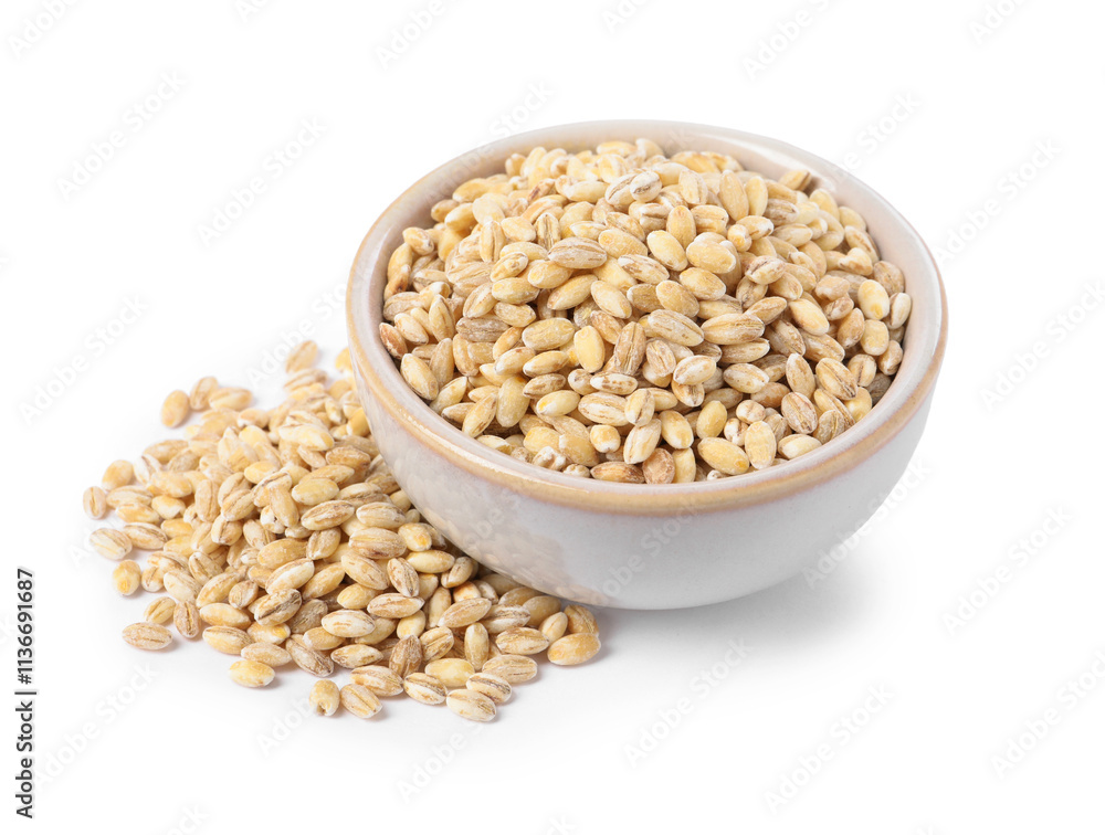 Pearl barley groats in bowl isolated on white Pearl barley groats in bowl isolated on white