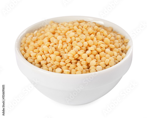 Raw couscous in bowl isolated on white