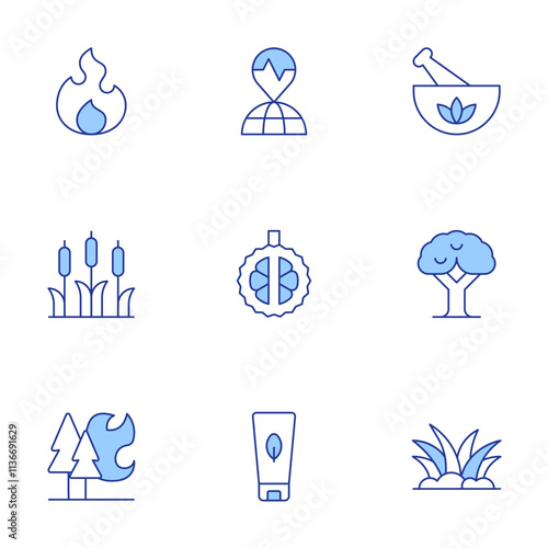 Nature icons set. Line Duotone style, editable stroke. cattail, durian, grass, forest fire, tree, earthquake, remedy, flammable, lotion