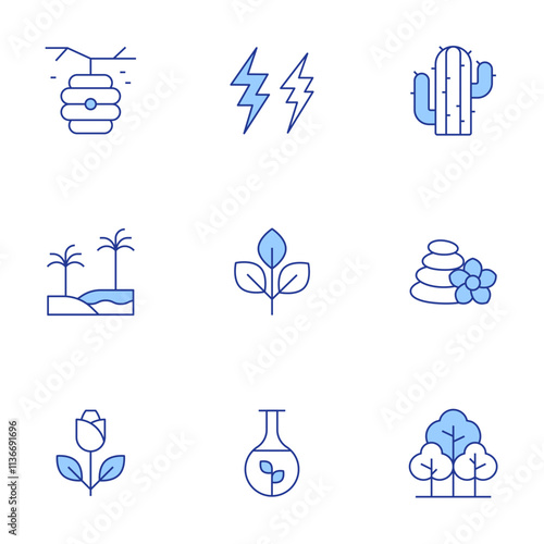 Nature icons set. Line Duotone style, editable stroke. lightning, cactus, forest, natural product, oasis, plant, rose, beehive, stones