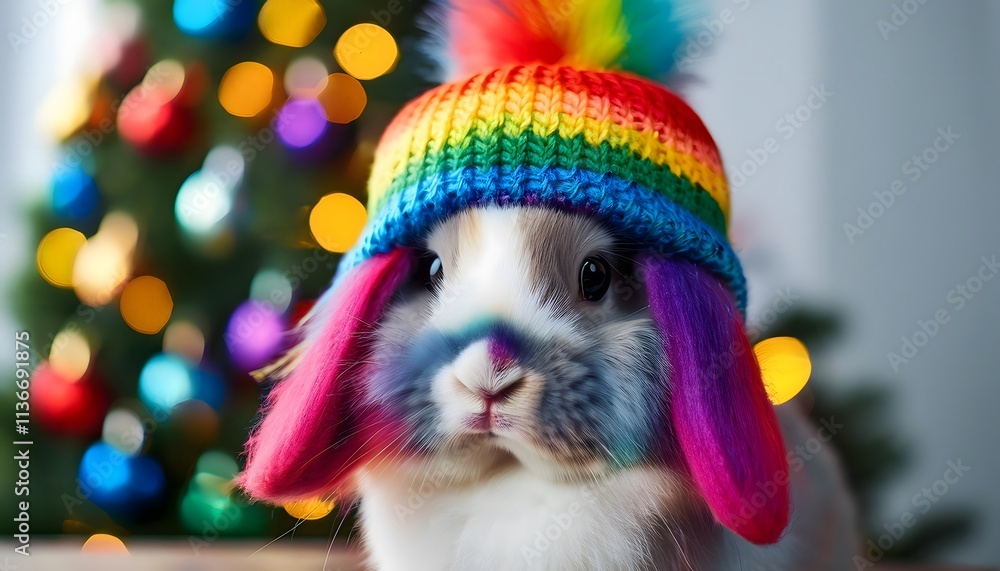 Cute Rainbow Bunny in Knit Hat Christmas Lights Background Cute Rainbow Bunny in Knit Hat Christmas Lights Background