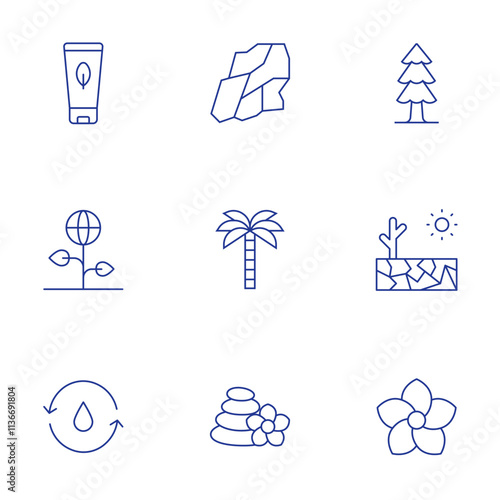 Nature icons set. Thin Line style, editable stroke. drought, flower, lotion, mineral, natural, palm tree, recycle water, stones, tree photo