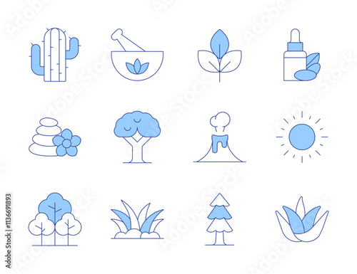 Nature icons. Line Duotone style, editable stroke. cactus, forest, sun, grass, eco friendly, tree, volcano, argan oil, remedy, stones, aloe vera