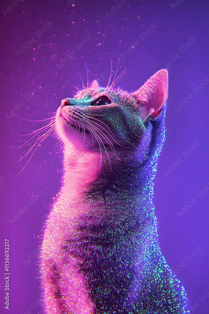 A side view portrait of a cat covered in purple glitter looking up on a pastel purple background. Cute, magical concept.