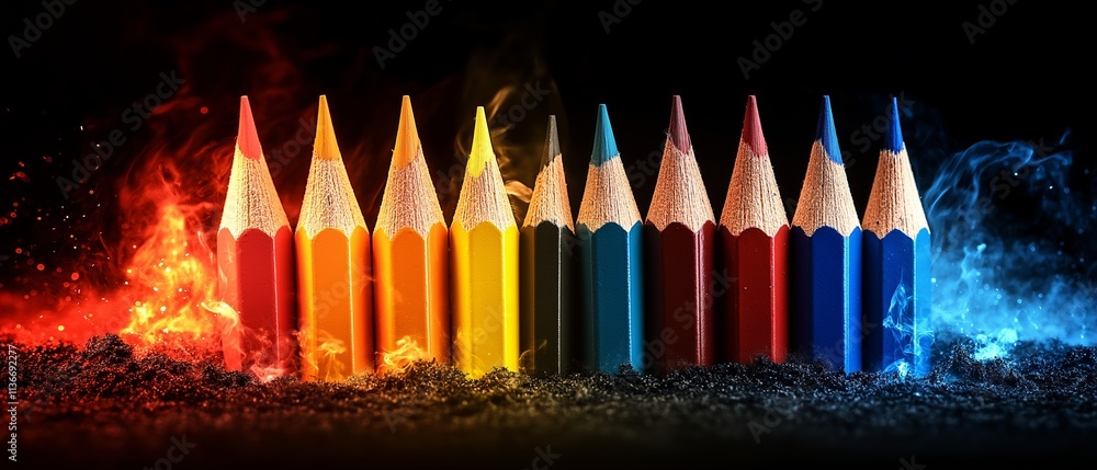 Row of colored pencils are arranged in a line, with the red pencils on the left and the blue pencils on the right. The pencils are surrounded by smoke, giving the impression of a fiery scene Row of colored pencils are arranged in a line, with the red pencils on the left and the blue pencils on the right. The pencils are surrounded by smoke, giving the impression of a fiery scene