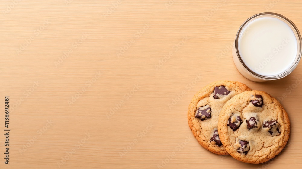 Delicious Chocolate Chip Cookies with Milk Kitchen Table Setting Food Photography Cozy Atmosphere Top-Down View Comfort and Indulgence Delicious Chocolate Chip Cookies with Milk Kitchen Table Setting Food Photography Cozy Atmosphere Top-Down View Comfort and Indulgence