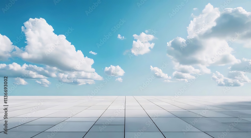 White tiled floor under a blue sky and white clouds. White tiled floor under a blue sky and white clouds.