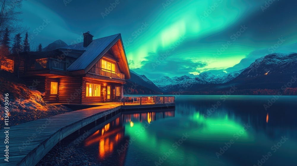 Fototapeta premium Illuminated Lakeside Cabin Underneath Vibrant Aurora Borealis