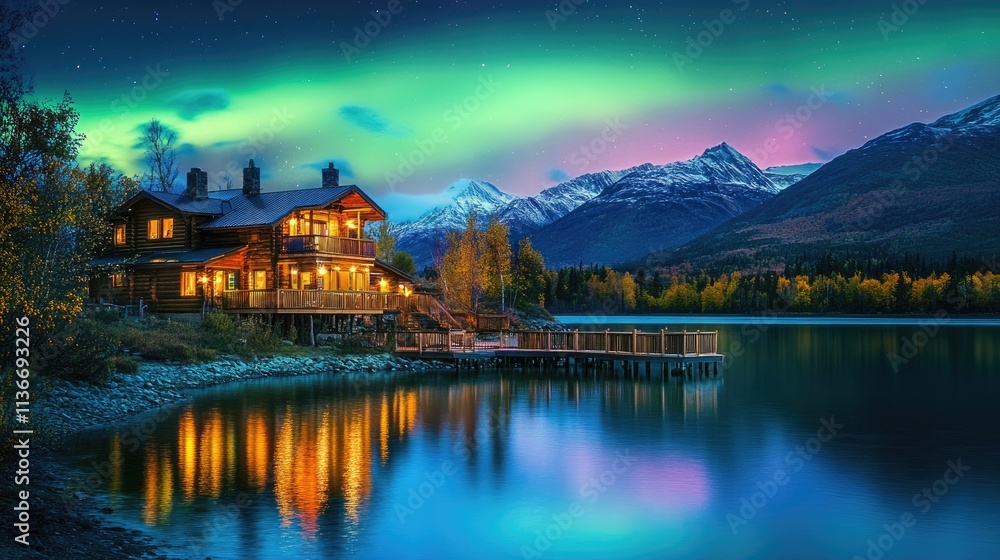 Illuminated Log Cabin Lakeside Aurora Borealis Mountain View