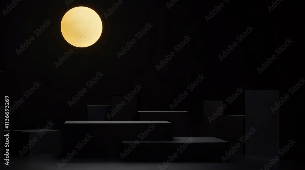 Dark scene with geometric forms and single light. Dark scene with geometric forms and single light.