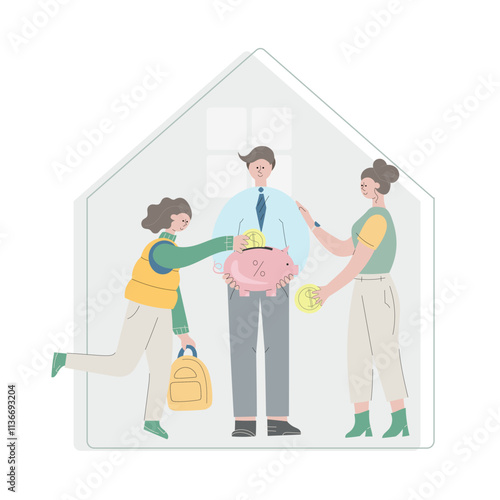 Family with child save money for new house, apartment buying. Investment, finance management flat cartoon vector illustration. Piggy bank concept wth house shape on background