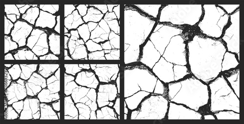 Cracked Dry Soil Surface Seamless Textures Set Vector Black White Abstract Background. Broken Textured Old Material Endless Grunge Abstraction. Grungy Distressed Texture Boundless Natural Pattern