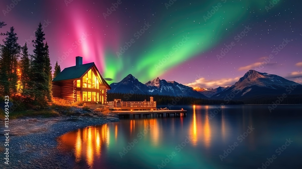 Fototapeta premium Illuminated Log Cabin Lakeside Aurora Borealis Mountain View