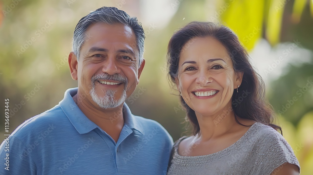 Fototapeta premium Happy hispanic senior couple smiling outdoors in the park