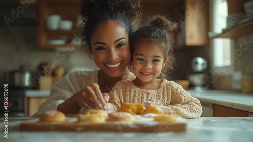 A family baking together, a child in the foreground excitedly mixing ingredients. Highlight the laughter, the warmth of family togetherness photo